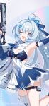  1girl arm_up armpits blue_hair blue_nails blue_sleeves braid breasts chinese_commentary commentary_request detached_sleeves gun handgun high_ponytail highres holding holding_weapon honkai_(series) honkai_impact_3rd light_blue_hair logo long_hair looking_at_viewer medium_breasts nail_polish official_art official_wallpaper one_eye_closed open_mouth shigure_kira simple_background solo thigh_strap weapon 