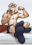  2023 anthro arknights arm_tattoo athletic athletic_anthro athletic_male canid canine canis clock clothing domestic_dog flexing footwear fur hair hi_res horn hung_(arknights) hypergryph long_hair looking_at_object looking_at_phone male mammal orange_hair orange_tail selfie socks solo studio_montagne tail tan_body tan_fur tattoo trtoutoongo underwear watch white_hair wristwatch 