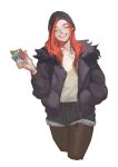  1girl ^_^ apex_legends beanie black_gloves black_headwear black_jacket black_pantyhose blush closed_eyes collarbone down_jacket facing_viewer fur-trimmed_jacket fur_trim gloves hat head_tilt highres holding jacket lsr mila_alexander multicolored_hair orange_hair pantyhose rubik&#039;s_cube shirt simple_background smile solo streaked_hair white_background white_shirt 