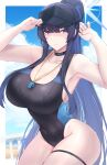  1girl absurdres adjusting_clothes adjusting_headwear armpits bare_shoulders beach black_choker black_headwear black_mask black_one-piece_swimsuit blue_archive blue_eyes blue_hair blue_sky blunt_bangs blurry blurry_background border breasts choker cleavage cloud collarbone commentary competition_swimsuit cosplay covered_navel cowboy_shot curvy dark_blue_hair day depth_of_field from_side groin hair_between_eyes half-closed_eyes halo hands_up high_ponytail highleg highleg_swimsuit highres kanta_(kanta_077) large_breasts light_blush long_hair looking_at_viewer ocean one-piece_swimsuit outdoors outside_border ponytail railing saori_(blue_archive) scowl shiroko_(blue_archive) shiroko_(swimsuit)_(blue_archive) shiroko_(swimsuit)_(blue_archive)_(cosplay) sideboob sidelocks sky slit_pupils solo standing straight_hair swimsuit taut_clothes thick_thighs thigh_strap thighs two-tone_swimsuit v-shaped_eyebrows very_long_hair visor_cap water wet wet_clothes wet_swimsuit whistle whistle_around_neck white_border wide_hips wide_ponytail 