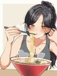  1girl black_hair blowing blush bowl breasts chopsticks cleavage collarbone food hair_ornament high_ponytail holding holding_chopsticks idolmaster idolmaster_shiny_colors jewelry large_breasts long_hair necklace noodles paddy_field ponytail ramen shirase_sakuya steam yellow_eyes 