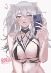  1girl animal_ears areola_slip bare_shoulders bikini black_bikini blush breasts cellphone cleavage collarbone grey_eyes grey_hair hair_between_eyes heart hololive large_breasts lion_ears lion_girl long_hair looking_at_viewer o-ring phone shishiro_botan sidelocks smile solo swimsuit tinnies tongue tongue_out twintails virtual_youtuber 
