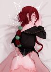  1boy 1other anal androgynous bare_shoulders black_dress blush chons12324 commentary crimson_(ragna_crimson) cum cum_in_ass dress earrings green_eyes hands_on_another&#039;s_hips heart highres jewelry lips long_hair long_sleeves looking_at_viewer looking_back motion_lines on_bed open_mouth pink_nails ponytail ragna_(ragna_crimson) ragna_crimson red_hair single_earring sweat symbol-only_commentary tongue tongue_out very_long_hair 