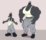  absurd_res anthro baggy_clothing before_and_after big_bulge big_muscles big_penis black_body black_clothing black_footwear black_fur black_hair black_shoes blue_eyes body_size_growth bottomwear bulge canid canine clothing footwear fur genitals grey_bottomwear grey_clothing grey_pants growth hair hi_res huge_muscles huge_pecs huge_penis hyper hyper_muscles jewelry male mammal midriff muscle_growth muscular muscular_arms muscular_legs muscular_male muscular_thighs necklace pants parttimeyeen_(artist) penis shirt size_transformation solo tight_clothing topwear transformation white_clothing white_shirt white_topwear 