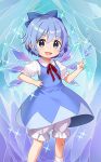  1girl bandaid bandaid_on_leg blue_bow blue_dress blue_eyes blue_hair bow cirno collared_shirt dress fairy fairy_wings fang frilled_pants frilled_sleeves frills hair_bow hand_on_own_hip ice ice_background ice_wings jigatei_(omijin) neck_ribbon official_art open_mouth pants pointing puffy_pants puffy_short_sleeves puffy_sleeves red_ribbon ribbon shirt short_hair short_sleeves smile socks touhou touhou_cannonball v-shaped_eyebrows white_shirt white_socks wings 