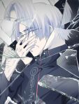  1boy adjusting_eyewear broken_glass coat common-girl glass glasses hand_on_eyewear highres hirasawa_susumu solo upper_body white_hair 