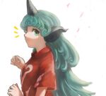  1girl :&lt; breasts closed_mouth commentary_request curly_hair fingernails from_side green_eyes green_hair grey_horns horns kariyushi_shirt komano_aunn long_hair looking_at_viewer looking_to_the_side mogukk notice_lines profile red_shirt shirt short_sleeves single_horn small_breasts solo touhou upper_body white_background 