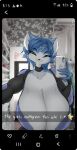  anthro big_breasts black_collar blue_body blue_fur blue_hair bodysuit breasts canid canine cleavage clothed clothing collar dullvivid english_text female forehead_gem fox fur hair hi_res holding_object holding_phone huge_breasts krystal mammal mirror_selfie nintendo open_bodysuit phone phone_screen selfie short_hair skinsuit smile smirk solo star_fox text tight_clothing 