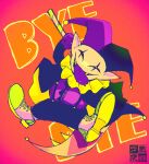  1boy black_pants cape colored_tongue deltarune gloves hat highres holding holding_knife jester jester_cap jevil knife pants purple_gloves purple_tongue teeth tongue tongue_out undertale yellow_collar yellow_footwear yellow_teeth yokaze_(xxxdisxxx) 