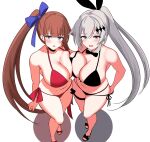  2girls blue_eyes blush bow breasts brown_hair cleavage fal_(fal&#039;s_summer)_(girls&#039;_frontline) fal_(girls&#039;_frontline) five-seven_(cruise_queen)_(girls&#039;_frontline) five-seven_(girls&#039;_frontline) girls&#039;_frontline grey_hair highres large_breasts long_hair looking_at_viewer multiple_girls ribbon side_ponytail sukoyugiri thigh_strap very_long_hair 