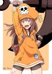  1girl anchor bike_shorts black_gloves brown_hair cabbie_hat fingerless_gloves gloves guilty_gear guilty_gear_strive hat hat_ornament highres holding holding_anchor hood hoodie long_hair looking_at_viewer may_(guilty_gear) orange_eyes orange_headwear orange_hoodie poncocchan shirt skull_and_crossbones skull_hat_ornament smile 