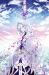  1boy absurdres ahoge blue_sky cloud cloudy_sky excalibur_(fate/stay_night) fate/grand_order fate_(series) field flower flower_field flower_knot full_body garden_of_avalon hair_between_eyes hair_ornament highres holding holding_sword holding_weapon hood hooded_robe long_hair long_sleeves looking_at_viewer male_focus merlin_(fate) misato_karuha petals purple_eyes ribbon robe sky smile solo sword very_long_hair weapon white_hair white_robe 