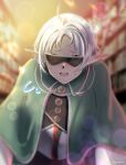  1girl absurdres blurry blurry_background building cloak elf evening green_cloak highres looking_at_viewer mushoku_tensei open_mouth outdoors pointy_ears red_eyes short_hair solo sunglasses sylphiette_(mushoku_tensei) town white_hair yujin_(kanouyuuto-0423) 