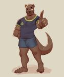  anthro barefoot blue_bottomwear blue_clothing blue_shorts bottomwear brown_body claws clothed clothing fangs feet finally_faded finger_claws fingers gesture hi_res male mammal muscular muscular_anthro muscular_male mustelid otter pointing pointing_at_viewer pose raul_(finally_faded) shirt shorts simple_background smile snaftfc solo standing teeth topwear whiskers 