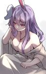 1girl animal_ears breasts carrot_necklace chiroru_(cheese-roll) closed_mouth collarbone commentary english_commentary hand_in_own_hair highres jewelry large_breasts long_hair necklace purple_hair rabbit_ears rabbit_girl red_eyes reisen_udongein_inaba solo touhou waking_up white_background 