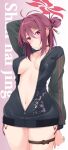  1girl arm_up blue_archive blush bottomless breasts choker closed_mouth collarbone gradient_background hair_between_eyes hair_bun halo jacket large_breasts long_hair mole mole_on_collarbone mole_on_thigh mole_under_eye naked_jacket navel partially_unzipped purple_eyes red_hair reizyo_(blue_archive) single_side_bun solo thigh_strap tomosuke 