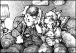  2023 anthro beverage_can black_and_white bottle bracelet canid canine canis clothed clothing container domestic_dog duo eyes_closed female fully_clothed fur furniture furniture_lamp hair inside jewelry male mammal monochrome o-kemono overalls sofa text url 