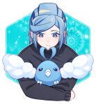  1boy alternate_costume black_sweater blue_eyes blue_hair blush closed_mouth commentary_request eyelashes green_background grusha_(pokemon) highres holding holding_pokemon long_sleeves looking_down male_focus mocacoffee_1001 notice_lines pokemon pokemon_(creature) pokemon_(game) pokemon_sv signature swablu sweater upper_body 