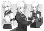  1girl ahoge artoria_pendragon_(fate) bag blazer braid braided_bun crepe drawing_sword eating fate/stay_night fate_(series) food greyscale hair_bun hair_ribbon highres holding holding_food holding_sword holding_weapon jacket mct monochrome multiple_views neckerchief pleated_skirt ribbon saber sailor_collar school_bag school_uniform serafuku shirt short_hair simple_background skirt sword thought_bubble translation_request twitter_username weapon 