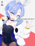  1girl album_cover animal_ears aqua_eyes black_choker black_leotard blue_hair choker coat comiket_101 cover covered_navel cowboy_shot earrings fake_animal_ears flat_chest freckles ginrei_(futon) grey_nails highres holding holding_microphone jewelry leotard looking_at_viewer microphone open_clothes open_coat original pantyhose playboy_bunny rabbit_ears ringed_eyes short_hair solo strapless strapless_leotard two-tone_background 