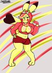  anthro barefoot breasts clothing costume ears_up feet female fingerless_gloves generation_1_pokemon gloves handwear hi_res humanoid muscular muscular_female nintendo pikachu pokemon pokemon_(species) red_button red_cheeks red_clothing red_topwear simple_background solo standing switch_dog_(artist) tail topwear yellow_body yellow_skin 
