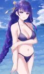  1girl absurdres bare_arms bare_shoulders bikini blue_flower blue_sky breasts cleavage cloud commentary_request cowboy_shot day flower genshin_impact hair_flower hair_ornament hal_aluha highres long_braid long_hair looking_at_viewer navel ocean parted_lips purple_bikini purple_eyes purple_hair raiden_shogun sky solo standing stomach swimsuit thighs very_long_hair water 