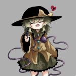  black_headwear bow buttons collared_shirt diamond_button eyeball floral_print frilled_shirt_collar frilled_skirt frilled_sleeves frills green_hair green_skirt gun hat hat_bow hat_ribbon heart heripantomorrow holding holding_gun holding_weapon koishi_komeiji&#039;s_heart-throbbing_adventure komeiji_koishi light_blush long_sleeves looking_at_viewer medium_hair open_mouth ribbon rose_print shirt skirt third_eye touhou wavy_hair weapon wide_sleeves yellow_bow yellow_ribbon yellow_shirt 