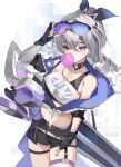  1girl absurdres bare_shoulders black_gloves black_jacket black_shorts breasts bubble_blowing chewing_gum cmdr_saturn collarbone drill_hair eyewear_on_head fingerless_gloves fur-trimmed_jacket fur_trim gloves grey_eyes grey_hair grey_sleeves hair_between_eyes highres holding honkai:_star_rail honkai_(series) jacket long_hair looking_at_viewer medium_breasts navel open_clothes open_jacket shirt short_sleeves shorts sidelocks silver_wolf_(honkai:_star_rail) single-shoulder_shirt single_sleeve solo stomach sunglasses white_background white_shirt 