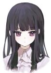  1girl absurdres ascot black_hair blunt_bangs closed_mouth collared_shirt commentary_request expressionless highres hime_cut inu_x_boku_ss long_hair looking_to_the_side purple_eyes shirakiin_ririchiyo shirt simple_background solo upper_body white_ascot white_background white_shirt yagiusagi 