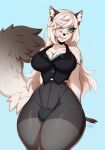  anthro big_breasts blonde_hair blue_eyes breasts bulge canid canine cleavage clothed clothing fox gynomorph hair hi_res intersex legwear littlesheep long_hair looking_at_viewer mammal navel smile solo tights 