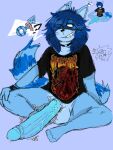  3:4 anthro azura_(aimpunch) balls bedroom_eyes big_balls big_penis blue_background blue_body blue_fur blue_hair bottomless bottomless_anthro bottomless_male clothed clothing collar ear_piercing ear_ring erection fur gat0pussy24 genitals girly hair half-closed_eyes huge_balls huge_penis humanoid_genitalia humanoid_penis male mammal narrowed_eyes penis piercing procyonid raccoon ring ring_piercing seductive shirt simple_background smile smirk smug smug_face smug_grin solo t-shirt topwear vein veiny_penis 