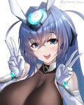  1girl :3 absurdres animal_ears azur_lane bare_shoulders blue_eyes blue_hair bodystocking breasts crossed_bangs elbow_gloves fake_animal_ears gloves hair_between_eyes hair_intakes hands_up headgear highres irkawaza large_breasts light_blush long_hair looking_at_viewer new_jersey_(azur_lane) open_mouth rabbit_ears simple_background smile twitter_username upper_body v white_background white_gloves 