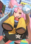  1girl asymmetrical_bangs blue_hair bright_pupils cheering city coat highres holding holding_poke_ball iono_(pokemon) long_hair multicolored_hair neko_(hansinn) pink_hair poke_ball poke_ball_(basic) pokemon pokemon_(game) pokemon_sv sharp_teeth sleeves_past_fingers sleeves_past_wrists teeth thigh_strap two-tone_hair white_pupils yellow_coat yellow_eyes 