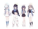  4girls alternate_costume animal_ears black_hair black_shirt black_socks blue_archive blue_eyes blue_halo blue_shirt blue_socks braid brown_eyes brown_hair double_bun fake_animal_ears glasses green_halo grey_hair grey_halo hair_bun halo highres leaf leaf_on_head long_hair loose_socks miyako_(blue_archive) miyu_(blue_archive) moe_(blue_archive) multiple_girls pants pleated_skirt purple_eyes purple_hair rabbit_ears rabbit_platoon_(blue_archive) red_eyes round_eyewear saki_(blue_archive) shirt shoes short_hair short_sleeves simple_background skirt socks twin_braids twintails white_background white_footwear white_pants white_shirt white_skirt white_socks yellow_halo ymm007xx 