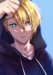  1boy absurdres black_hoodie blonde_hair blue_background blue_eyes collarbone commentary_request hair_between_eyes highres hood hood_up hoodie hoshino_aquamarine light_particles looking_at_viewer male_focus mismatched_pupils oshi_no_ko parted_lips short_hair signature solo star-shaped_pupils star_(symbol) symbol-shaped_pupils tokioka_a7 