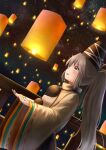  1girl absurdres blue_eyes commentary_request cowboy_shot dutch_angle from_side grey_hair hair_between_eyes hat highres japanese_clothes kariginu lantern long_hair long_sleeves luke_(kyeftss) medium_bangs mononobe_no_futo night open_hands open_mouth outdoors paper_lantern pom_pom_(clothes) ponytail railing redrawn ribbon-trimmed_sleeves ribbon_trim sideways_mouth sky sky_lantern smile solo standing star_(sky) starry_sky tate_eboshi touhou very_long_hair wide_sleeves 