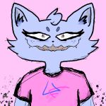  ambiguous_gender anthro blue_body blue_fur clothing curled_hair felid feline fur furtive_bunny hair mammal pink_background pink_clothing pink_shirt pink_topwear shirt simple_background smile smiling_at_viewer solo teeth_showing topwear uf_boy 