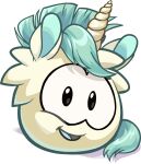  ambiguous_gender blue_hair club_penguin full-length_portrait hair horn horse_ears looking_at_viewer official_art portrait puffle solo tail unicorn_puffle unknown_artist white_body 