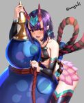  1girl aona_(anagasaki) bare_shoulders black_fundoshi black_thighhighs breasts chinese_clothes collarbone detached_sleeves dudou earrings eyeliner fate/grand_order fate_(series) forehead_jewel gourd highres horns jewelry looking_at_viewer low_twintails makeup oni oni_horns open_mouth pointy_ears purple_eyes purple_hair short_hair short_twintails shuten_douji_(fate) shuten_douji_(halloween_caster)_(fate) skin-covered_horns small_breasts solo thighhighs thighs twintails 