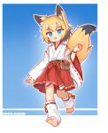  animal_ears barefoot blonde_hair blue_eyes detached_sleeves feet fox_ears fox_girl fox_tail highres japanese_clothes kuma-bound miko multicolored_ears multicolored_hair multicolored_tail original simple_background soles tail toes tongue tongue_out wristband 