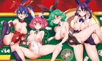  4girls animal_ears black_leotard black_thighhighs blue_eyes blue_hair blush bow bow_choker bracelet_girls breasts brown_eyes card censored cleavage clothing_aside clothing_cutout fake_animal_ears green_eyes green_hair hair_between_eyes hair_bow high_heels highleg highleg_leotard highres hiiragi_yuzu kurosaki_ruri leotard leotard_aside long_hair looking_at_viewer mosaic_censoring multicolored_hair multiple_girls navel navel_cutout pink_hair playboy_bunny playing_card ponytail purple_eyes purple_hair purple_leotard rabbit_ears raiou red_footwear red_leotard rin_(yu-gi-oh!) roulette_table second-party_source serena_(yu-gi-oh!) short_hair strapless strapless_leotard table thighhighs twintails two-tone_hair white_leotard wrist_cuffs yu-gi-oh! yu-gi-oh!_arc-v 