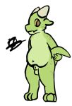  amber_eyes animal_genitalia anthro balls bodily_fluids countershading cum cum_inflation cyan_melody digitigrade freckles fully_sheathed genital_fluids genitals green_body green_scales hi_res holding_tail horn inflation kobold male moss_(cyan_melody) nude scales scalie sheath slightly_chubby smile solo tail 