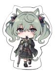  1girl animal_ear_fluff animal_ears asymmetrical_legwear bandaged_leg bandages belt black_choker black_coat black_dress blue_eyes blush buttons cat_ears cat_girl cat_tail chibi choker coat collared_shirt cowlick crutch dress full_body green_belt green_hair green_ribbon hair_between_eyes hair_bobbles hair_ornament hand_on_own_chin highres holding_crutch knife leg_up light_smile long_sleeves looking_at_viewer medium_hair multicolored_hair_bobbles original ribbon satou_(3366_s) sheath sheathed shirt sidelocks simple_background solo standing standing_on_one_leg tail white_background white_shirt 