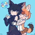  2girls animal_ears anniversary black_hair black_serval_(kemono_friends) blue_background bow bowtie brown_hair cat_ears cat_girl cat_tail dhole_(kemono_friends) elbow_gloves extra_ears gloves highres inada_roku kemono_friends kemono_friends_3 kneehighs long_hair multiple_girls shirt short_hair simple_background skirt sleeveless sleeveless_shirt smile socks tail wolf_ears wolf_girl wolf_tail yellow_eyes 