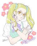  1girl 2023 amenoimo ayase_yuka bandaid blonde_hair earrings freckles glasses hair_ornament hair_scrunchie jewelry lips lipstick long_hair looking_at_viewer makeup nail_polish persona persona_1 scrunchie solo twintails watch wristwatch yellow_eyes 