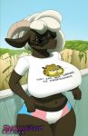  anthro big_breasts bottomwear bovid breasts camel_toe caprine clothed clothing english_text eyewear female garfield_(series) garfield_the_cat hi_res huge_breasts mammal shirt shorts solo sunglasses text thehuskylord topwear 