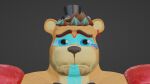  3d_(artwork) anthro bear big_iris blender_(software) blender_eevee bodily_fluids body_hair bodypaint broad_shoulders brown_body brown_fur brown_hair clothing codans digital_media_(artwork) ear_piercing face_paint facial_hair five_nights_at_freddy&#039;s five_nights_at_freddy&#039;s:_security_breach fur glamrock_freddy_(fnaf) grey_background hair hat headgear headwear hi_res male mammal meme muscular muscular_male piercing sad scottgames shoulder_pads simple_background solo steel_wool_studios stubble tears top_hat 