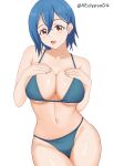  1girl absurdres bikini blue_bikini blue_hair breasts cleavage collarbone crossed_bangs earrings eclyart hair_behind_ear hair_between_eyes hands_on_own_chest highres jewelry large_breasts looking_at_viewer love_live! love_live!_superstar!! navel open_mouth red_eyes short_hair solo stud_earrings swimsuit twitter_username wakana_shiki white_background 