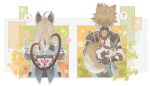  1boy 1girl ? ahoge animal_ears back blonde_hair brown_hair cat_girl commentary_request dog_boy dog_ears dog_tail double_v genshin_impact gorou_(genshin_impact) half_updo heart highres kirara_(genshin_impact) long_hair multiple_tails nekomata tail takonoya v 