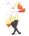  1girl absurdres animal_ear_fluff animal_ears animal_feet animal_nose ass back black_fur body_fur braixen closed_mouth commentary crossed_legs english_commentary feet fox_ears fox_girl fox_tail from_behind full_body furry furry_female hands_on_own_hips happy heart highres holding_own_tail legs looking_at_viewer looking_back multicolored_fur noconcession pawpads pokemon pokemon_(creature) presenting profile red_eyes simple_background slit_pupils smile snout soles solo spoken_heart standing tail thighs thought_bubble toes white_background white_fur yellow_fur 